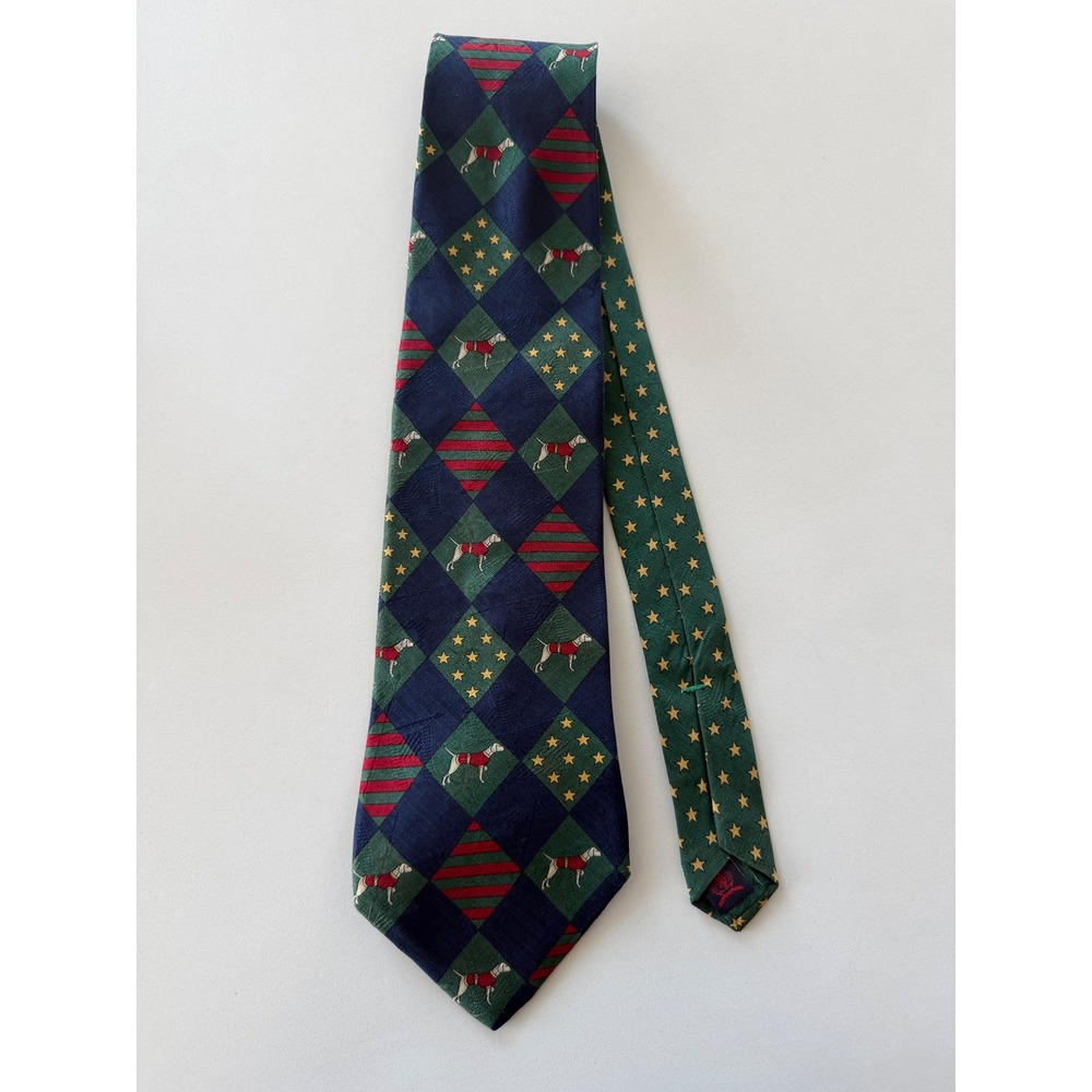 Tommy Hilfiger Tie Mens OS Argyle Hunting Dog Stars Silk Navy Green Excellent